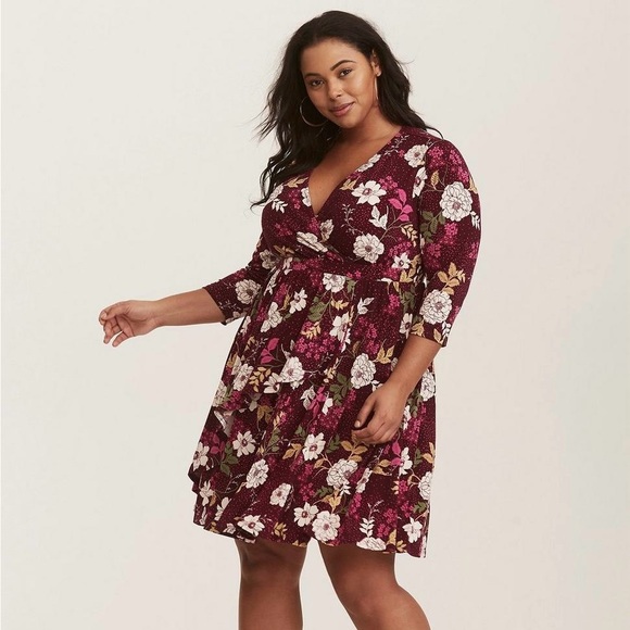 torrid Dresses & Skirts - Torrid Mini Studio Knit Burgundy Fuchsia Floral Wrap Long Sleeve Dress size 2 2X